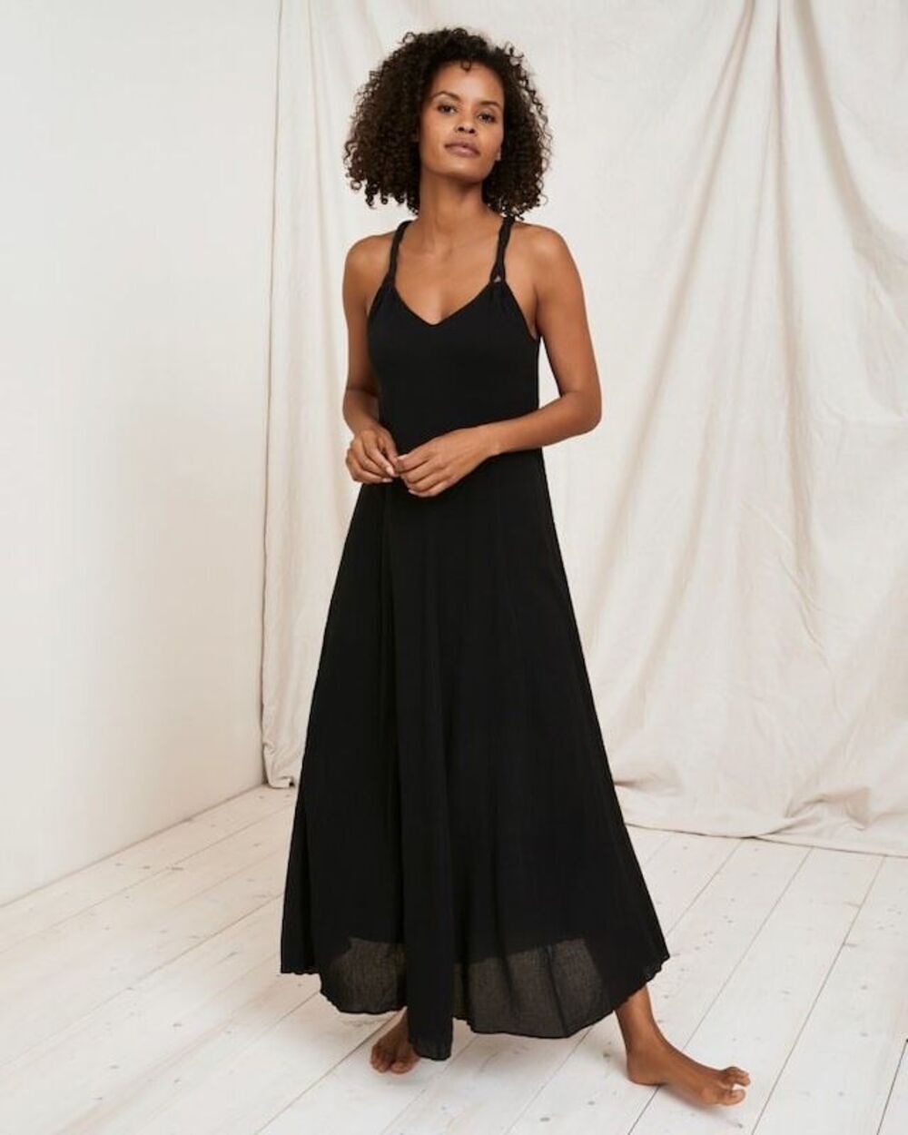 Garnet Hill Black Crinkled Cotton Gauze Maxi Cover Up Dress Size S